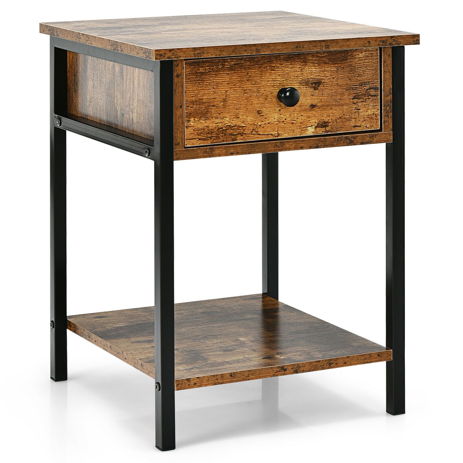2-Tier Industrial End Table with Drawer and Open Shelf